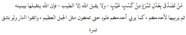 مَنْ تَصَدَّقَ بِعَدْلِ تَمْرَةٍ مِنْ كَسْبٍ طَيِّبٍ - ولا يقبل الله إلا الطيب - فإن الله يتقبلها بيمينه ثم يربيها لأحدكم ، كما يربي أحدكم فلوه حتى تكون مثل الجبل العظيم ، واتقوا النار ولو بشق تمرة