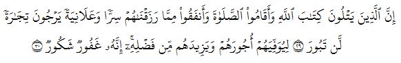 إِنَّ ٱلَّذِينَ يَتۡلُونَ كِتَٰبَ ٱللَّهِ وَأَقَامُواْ ٱلصَّلَوٰةَ وَأَنفَقُواْ مِمَّا رَزَقۡنَٰهُمۡ سِرّٗا وَعَلَانِيَةٗ يَرۡجُونَ تِجَٰرَةٗ لَّن تَبُورَ ٢٩ لِيُوَفِّيَهُمۡ أُجُورَهُمۡ وَيَزِيدَهُم مِّن فَضۡلِهِۦٓۚ إِنَّهُۥ غَفُورٞ شَكُورٞ ٣٠