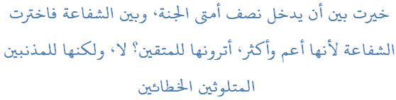 خيرت بين أن يدخل نصف أمتي الجنة، وبين الشفاعة فاخترت الشفاعة لأنها أعم وأكثر، أترونها للمتقين؟ لا، ولكنها للمذنبين المتلوثين الخطائين