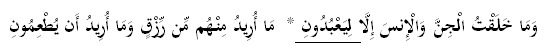 وَمَا خَلَقْتُ الْجِنَّ وَالْإِنسَ إِلَّا لِيَعْبُدُونِ * مَا أُرِيدُ مِنْهُم مِّن رِّزْقٍ وَمَا أُرِيدُ أَن يُطْعِمُونِ