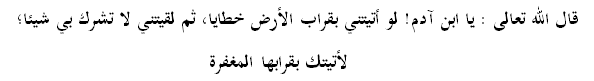 قال الله تعالى : يا ابن آدم! لو أتيتني بقراب الأرض خطايا، ثم لقيتني لا تشرك بي شيئا؛ لأتيتك بقرابها المغفرة